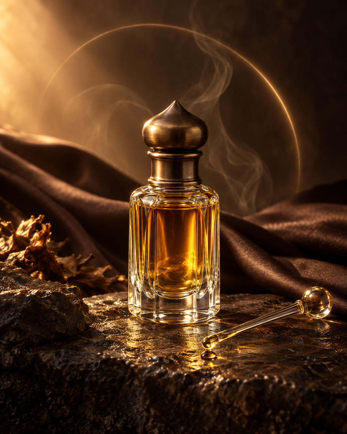 Fragrance concept: a glass attar bottle filled with golden oil, beside a glass applicator on dark stone.
